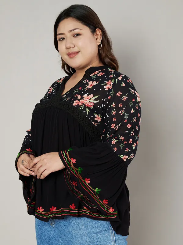 PERFECT_FOR_REGULAR_AND_PLUS_SIZE_WOMEN/GIRLS_TOP_BLACK_COLORED_V_NECK_crochet_lace_embroidered_bell_full_sleeves_top_FIT&_FLARED_TOP