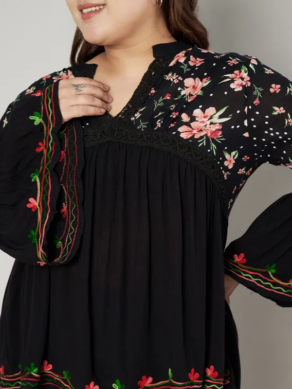PERFECT_FOR_REGULAR_AND_PLUS_SIZE_WOMEN/GIRLS_TOP_BLACK_COLORED_V_NECK_crochet_lace_embroidered_bell_full_sleeves_top_FIT&_FLARED_TOP