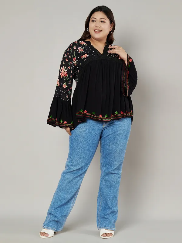 PERFECT_FOR_REGULAR_AND_PLUS_SIZE_WOMEN/GIRLS_TOP_BLACK_COLORED_V_NECK_crochet_lace_embroidered_bell_full_sleeves_top_FIT&_FLARED_TOP