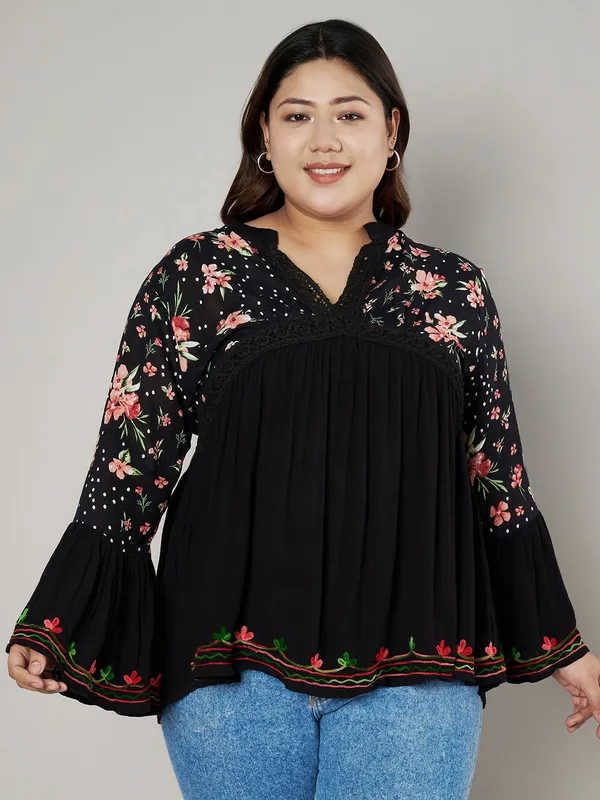 PERFECT_FOR_REGULAR_AND_PLUS_SIZE_WOMEN/GIRLS_TOP_BLACK_COLORED_V_NECK_crochet_lace_embroidered_bell_full_sleeves_top_FIT&_FLARED_TOP