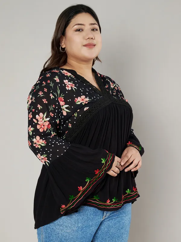 PERFECT_FOR_REGULAR_AND_PLUS_SIZE_WOMEN/GIRLS_TOP_BLACK_COLORED_V_NECK_crochet_lace_embroidered_bell_full_sleeves_top_FIT&_FLARED_TOP