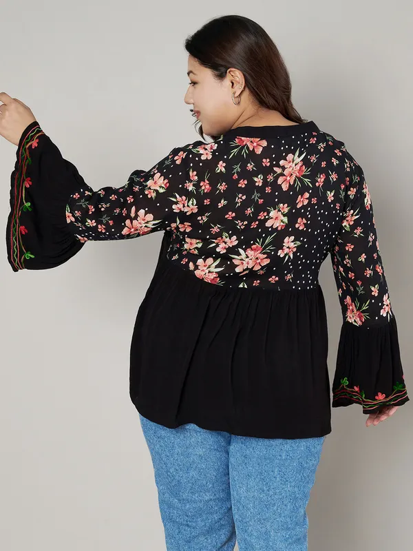 PERFECT_FOR_REGULAR_AND_PLUS_SIZE_WOMEN/GIRLS_TOP_BLACK_COLORED_V_NECK_crochet_lace_embroidered_bell_full_sleeves_top_FIT&_FLARED_TOP