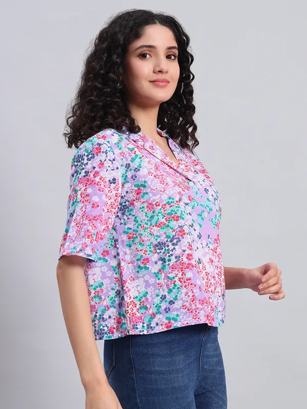 Half_Sleeves_,Collor_Front_Open_Printed_Purple_Top