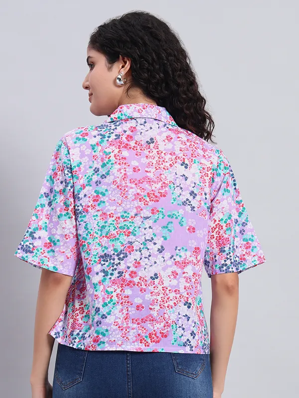Half_Sleeves_,Collor_Front_Open_Printed_Purple_Top