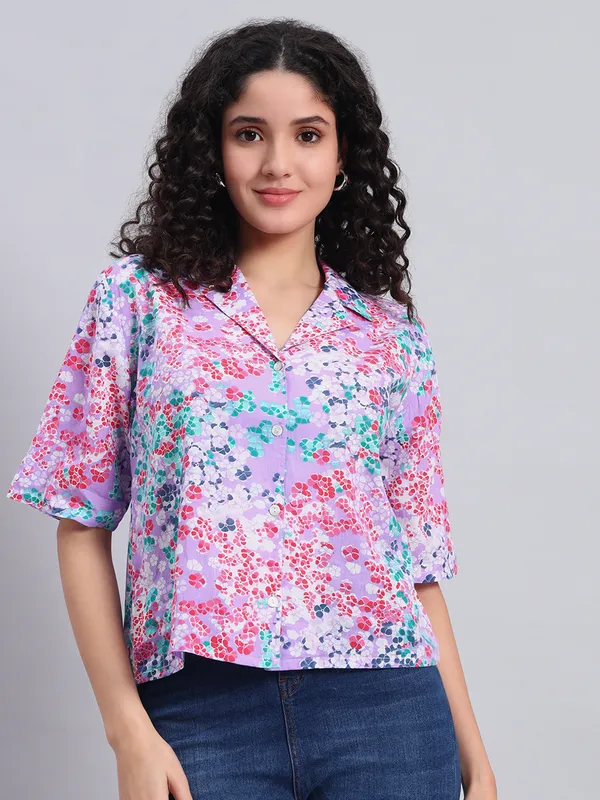 Half_Sleeves_,Collor_Front_Open_Printed_Purple_Top