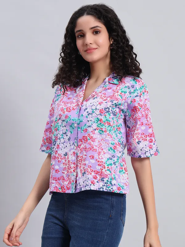 Half_Sleeves_,Collor_Front_Open_Printed_Purple_Top
