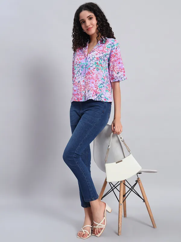 Half_Sleeves_,Collor_Front_Open_Printed_Purple_Top