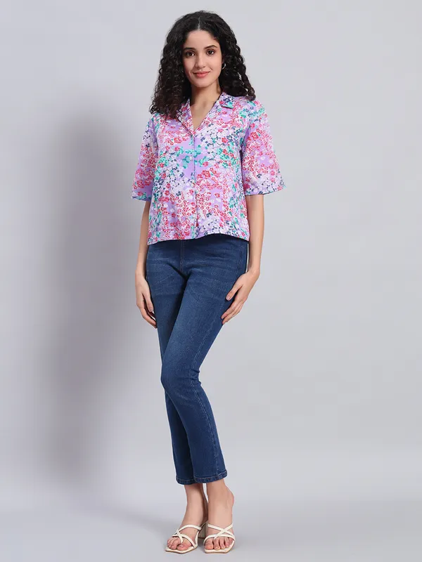 Half_Sleeves_,Collor_Front_Open_Printed_Purple_Top