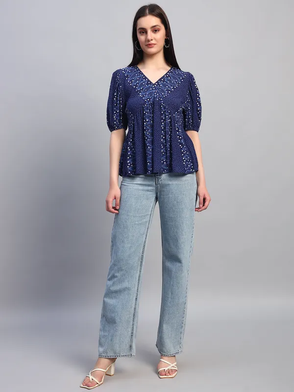 half_sleeves_v_neck_BLUE_printed_peplum_top