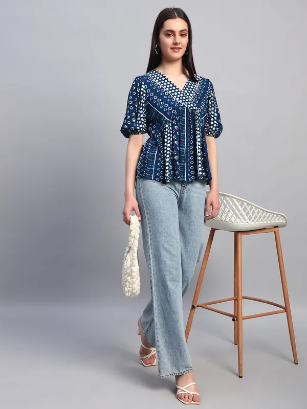 half_sleeves_v_neck_BLUE_printed_peplum_top