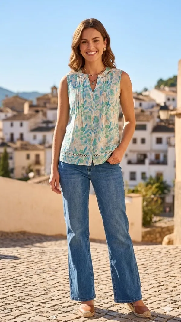 linen_look,_pleats_in_front,__button_,v_neck_mandrain_collar_,lace_detaling_around_neck_without_sleeves_top