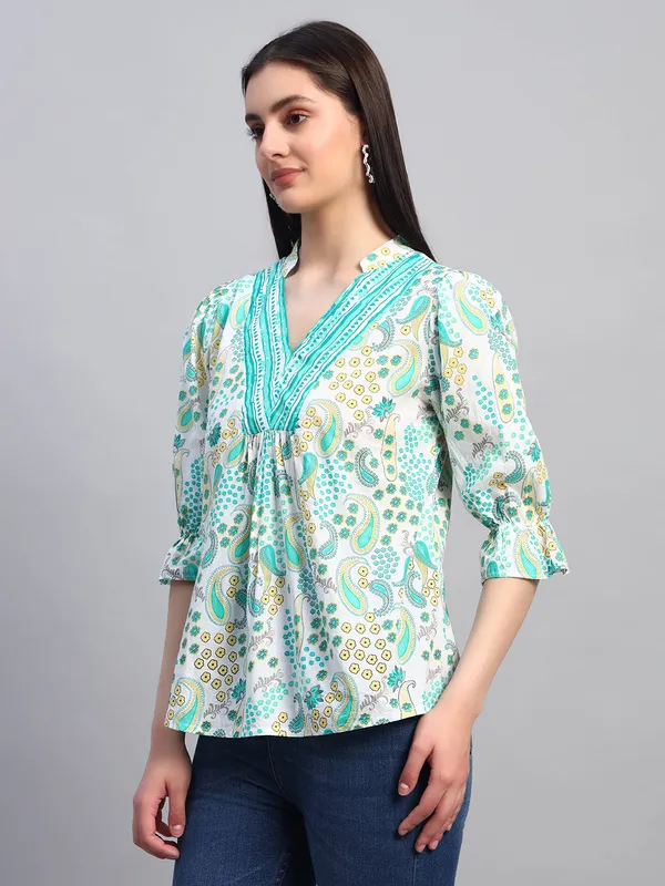 mix_n_match_mandrain_collor,_v_neck_,elastic_at_sleeves,_3/4_sleeves_cotton_paisley_printed_top