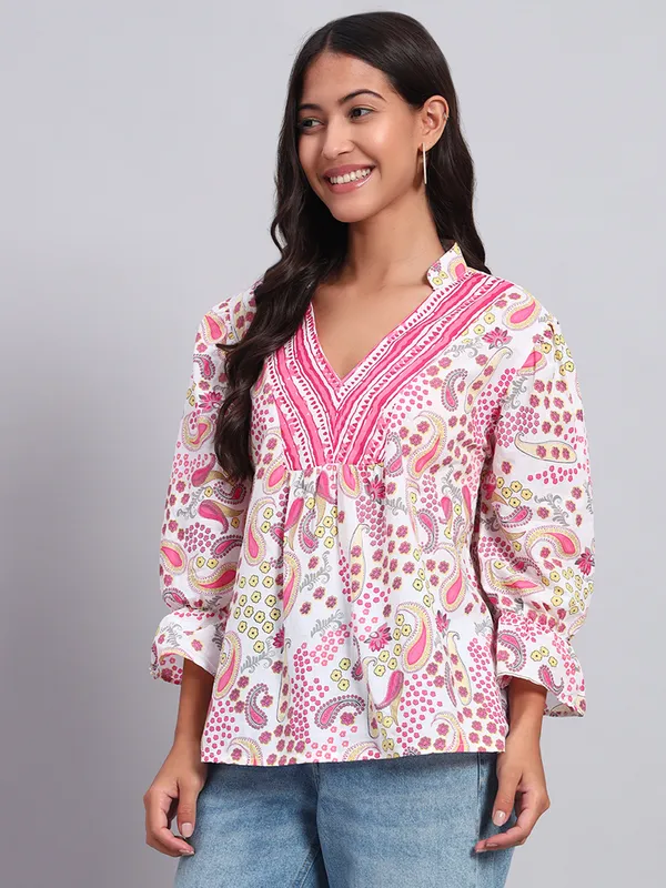 mix_n_match_mandrain_collor,_v_neck_,elastic_at_sleeves,_3/4_sleeves_cotton_paisley_printed_top