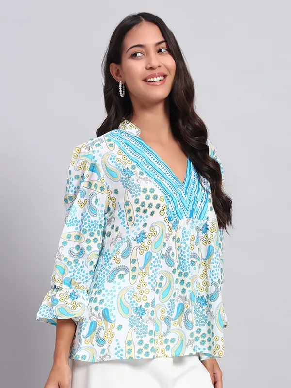 mix_n_match_mandrain_collor,_v_neck_,elastic_at_sleeves,_3/4_sleeves_cotton_paisley_printed_top
