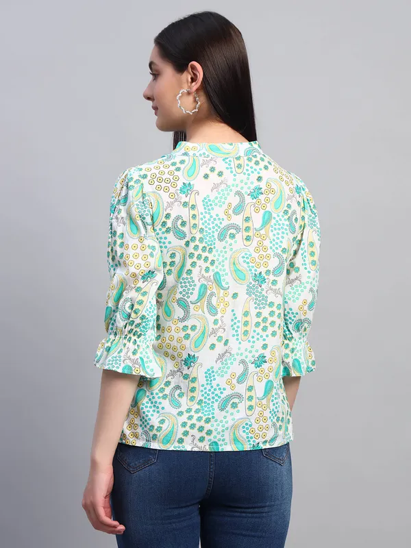 mix_n_match_mandrain_collor,_v_neck_,elastic_at_sleeves,_3/4_sleeves_cotton_paisley_printed_top