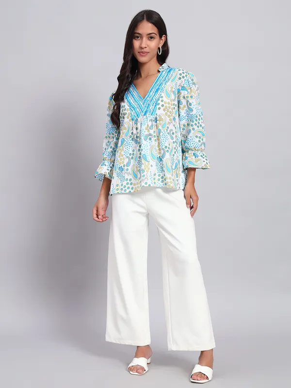 mix_n_match_mandrain_collor,_v_neck_,elastic_at_sleeves,_3/4_sleeves_cotton_paisley_printed_top