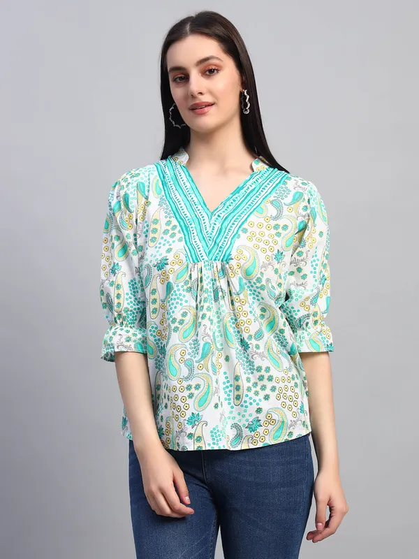 mix_n_match_mandrain_collor,_v_neck_,elastic_at_sleeves,_3/4_sleeves_cotton_paisley_printed_top