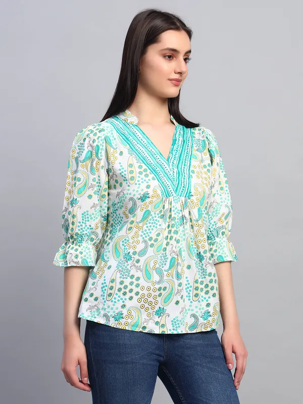 mix_n_match_mandrain_collor,_v_neck_,elastic_at_sleeves,_3/4_sleeves_cotton_paisley_printed_top