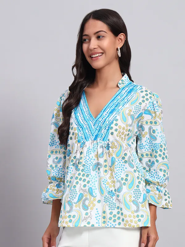 mix_n_match_mandrain_collor,_v_neck_,elastic_at_sleeves,_3/4_sleeves_cotton_paisley_printed_top