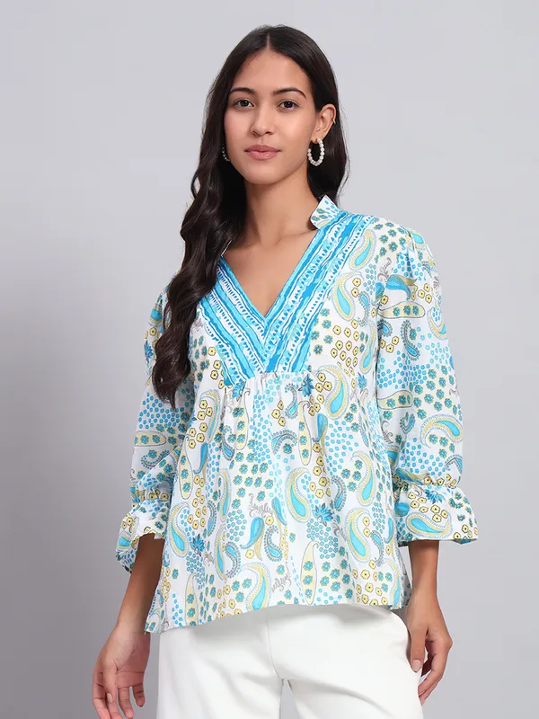 mix_n_match_mandrain_collor,_v_neck_,elastic_at_sleeves,_3/4_sleeves_cotton_paisley_printed_top