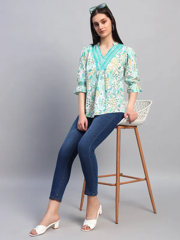 mix_n_match_mandrain_collor,_v_neck_,elastic_at_sleeves,_3/4_sleeves_cotton_paisley_printed_top
