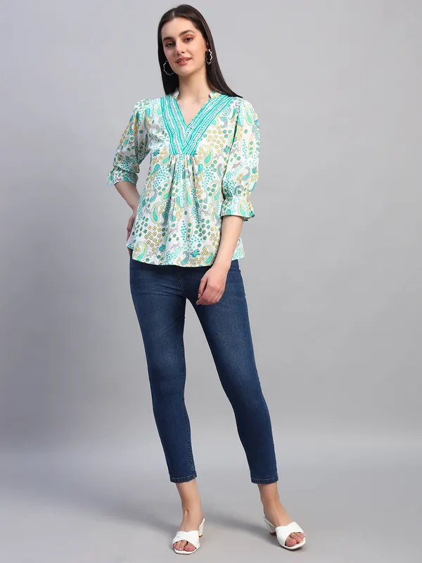 mix_n_match_mandrain_collor,_v_neck_,elastic_at_sleeves,_3/4_sleeves_cotton_paisley_printed_top