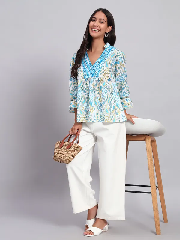 mix_n_match_mandrain_collor,_v_neck_,elastic_at_sleeves,_3/4_sleeves_cotton_paisley_printed_top