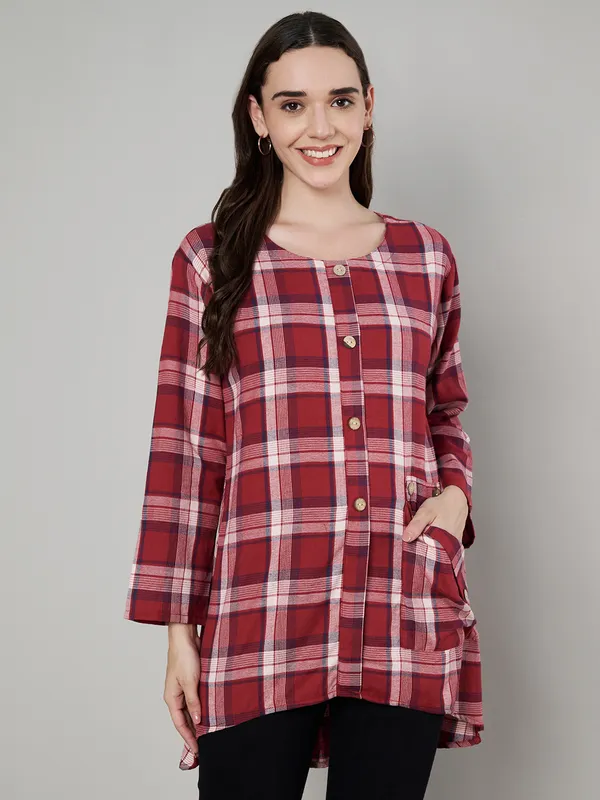 round_neck_front_pocket_with_wooden_buttons_full_sleeves_asymmetric_bottom_woven_check_top