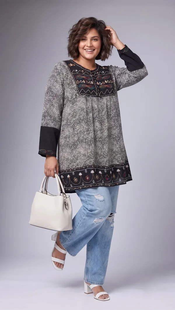 round_neck_,printed_full_sleeves,_half_front_open_buttons_Embroidered_short_tunic_kurti