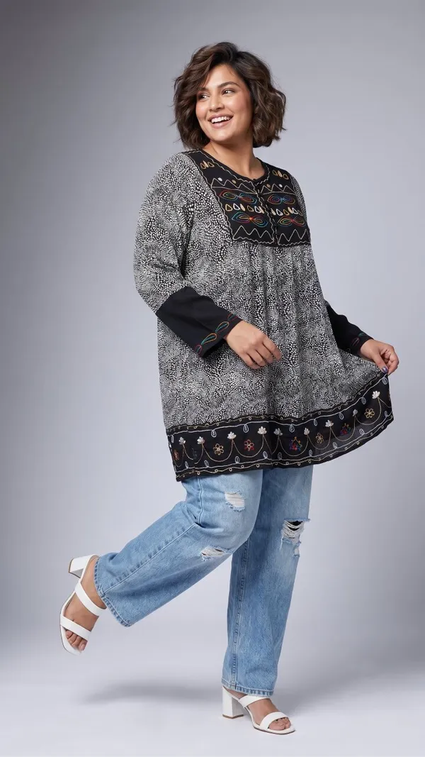 round_neck_,printed_full_sleeves,_half_front_open_buttons_Embroidered_short_tunic_kurti
