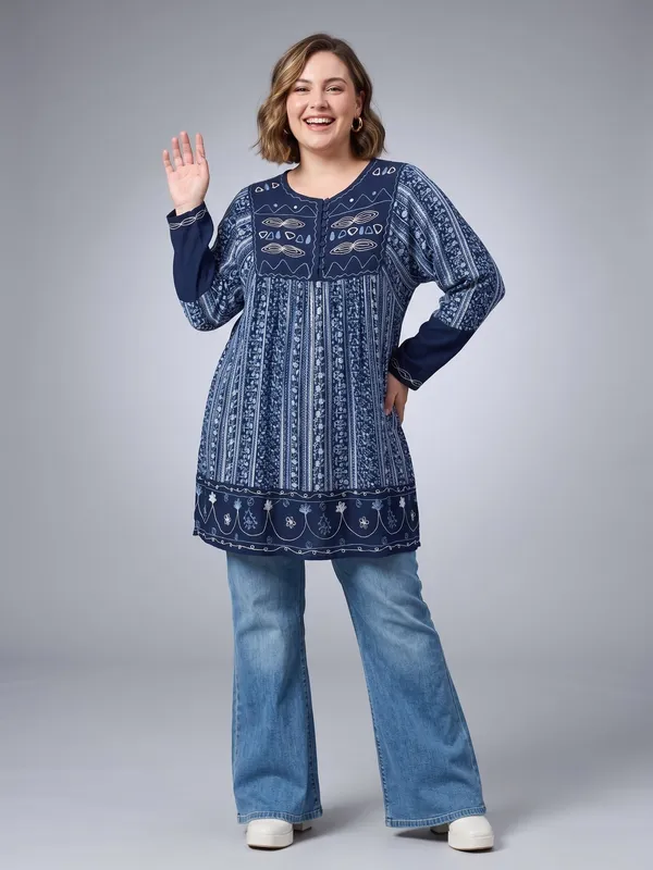 round_neck_,printed_full_sleeves,_half_front_open_buttons_Embroidered_short_tunic_kurti