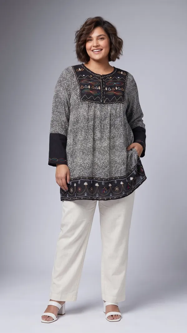 round_neck_,printed_full_sleeves,_half_front_open_buttons_Embroidered_short_tunic_kurti