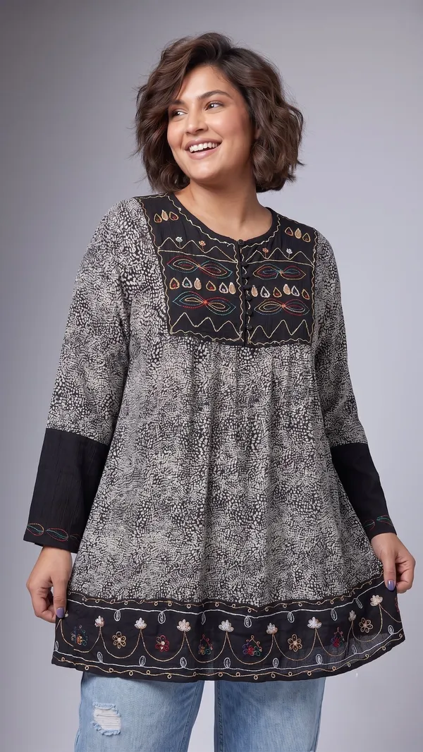 round_neck_,printed_full_sleeves,_half_front_open_buttons_Embroidered_short_tunic_kurti