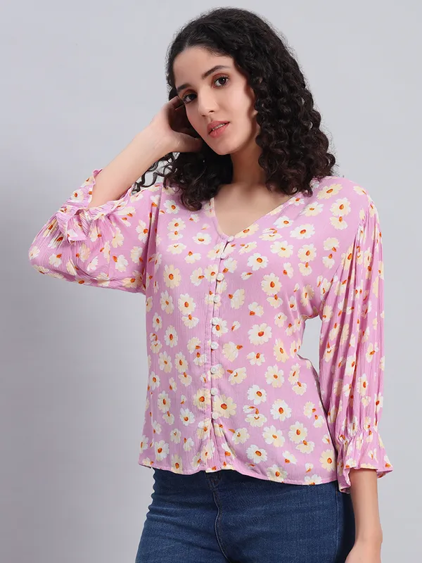 v_neck,front_open_button_,3/4_sleeves_flower_printed_top