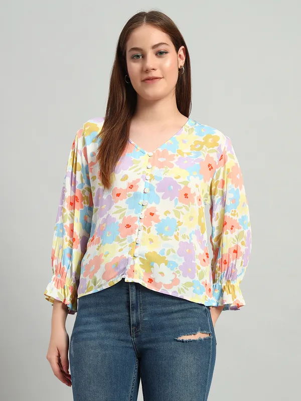 V_Neck_Front_Open_Button,_3/4_Sleeves_Flower_Printed_Top