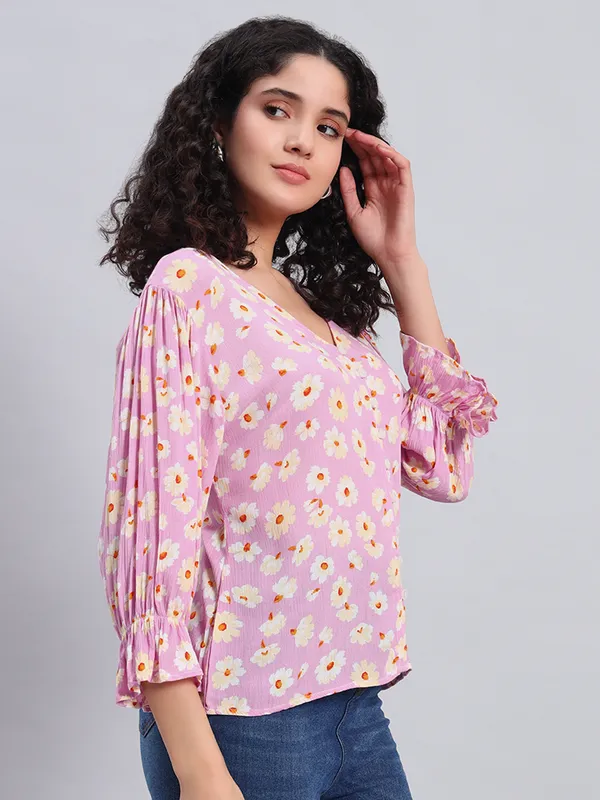 v_neck,front_open_button_,3/4_sleeves_flower_printed_top