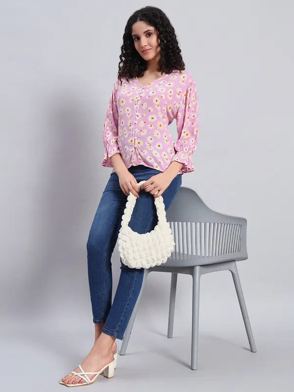 v_neck,front_open_button_,3/4_sleeves_flower_printed_top