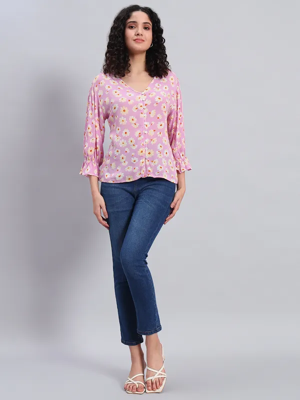 v_neck,front_open_button_,3/4_sleeves_flower_printed_top