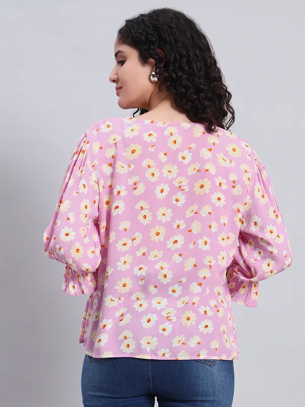 v_neck,front_open_button_,3/4_sleeves_flower_printed_top