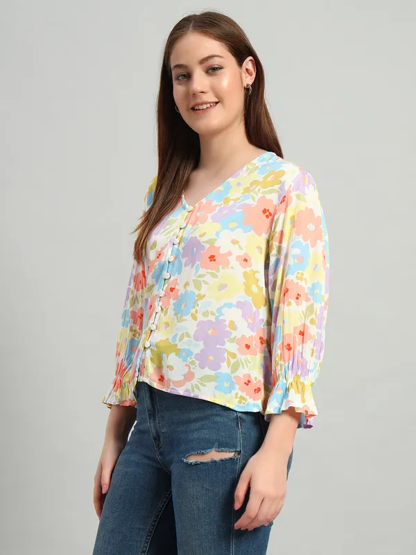 V_Neck_Front_Open_Button,_3/4_Sleeves_Flower_Printed_Top