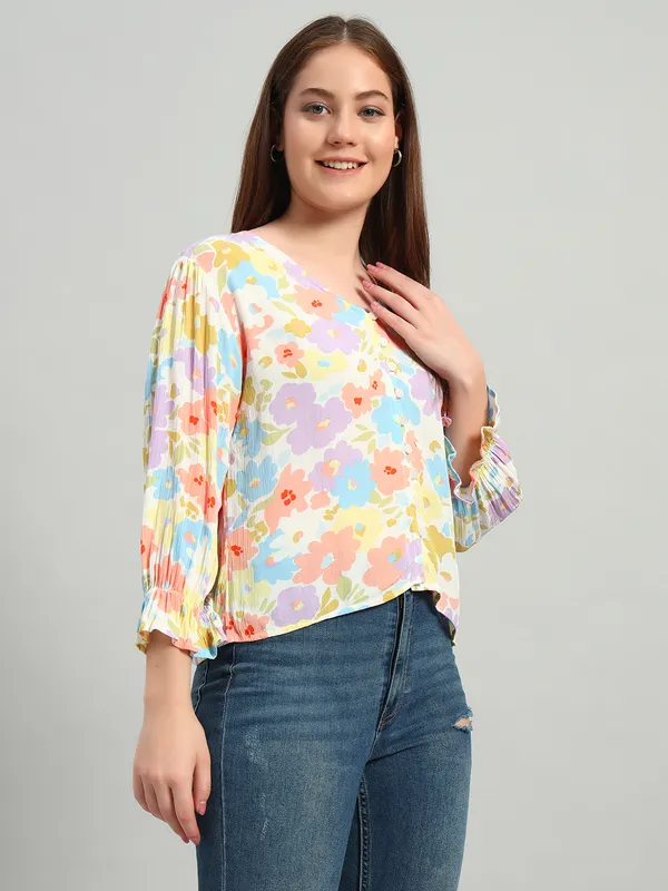 V_Neck_Front_Open_Button,_3/4_Sleeves_Flower_Printed_Top