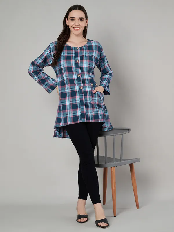 round_neck_front_pocket_with_wooden_buttons_full_sleeves_asymmetric_bottom_woven_check_top
