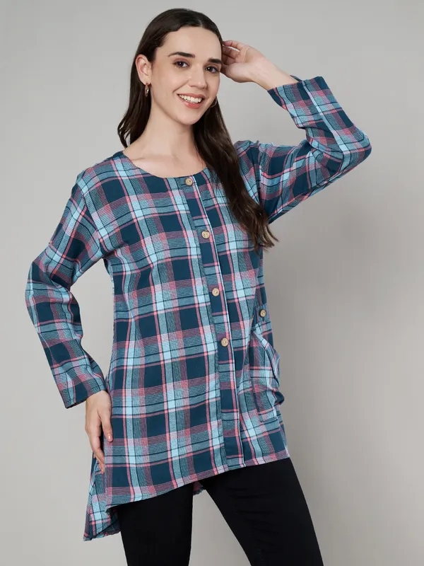 round_neck_front_pocket_with_wooden_buttons_full_sleeves_asymmetric_bottom_woven_check_top