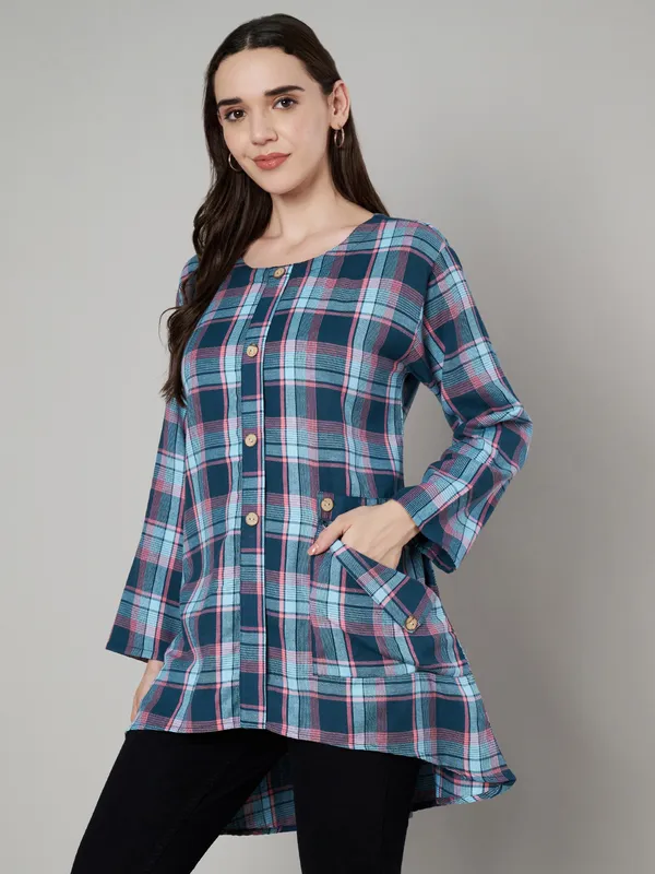 round_neck_front_pocket_with_wooden_buttons_full_sleeves_asymmetric_bottom_woven_check_top