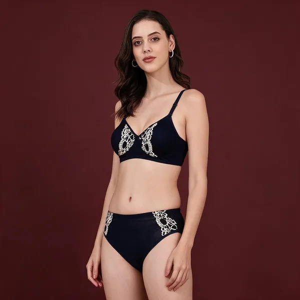 Dark_Navy_Blue_Cotton_Lace_Padded_Lingerie_Set_For_Women