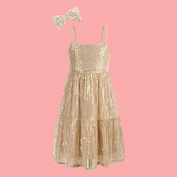Golden_Cotton_Sequined_Square_Neck_Sleeveless_Dress_For_Girls