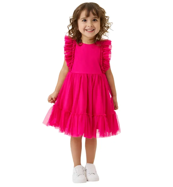 Magenta_Net_Solid_Round_Neck_Dress_For_Girls