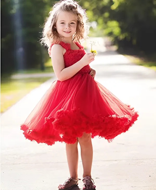 Red_Net_Solid_Square_Neck_Dress_For_Girls