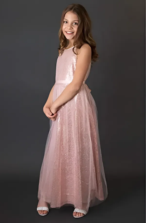 Gold_Sequined_Round_Neck_Long_Dress_For_Girls