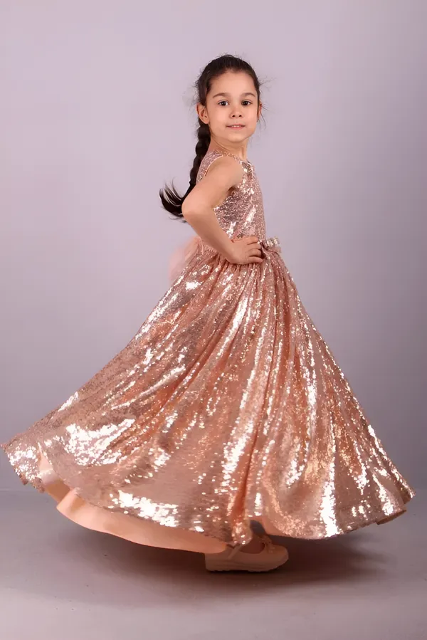 Copper_Sequined_Round_Neck_Long_Dress_For_Girls